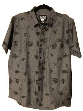 Men's HBO GoT Game of Thrones Button Down Collared Gray Shirt, Small